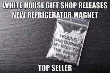 White House Gift Shop Releases New Refrigerator Magnet (a small bag with a white powder in it)